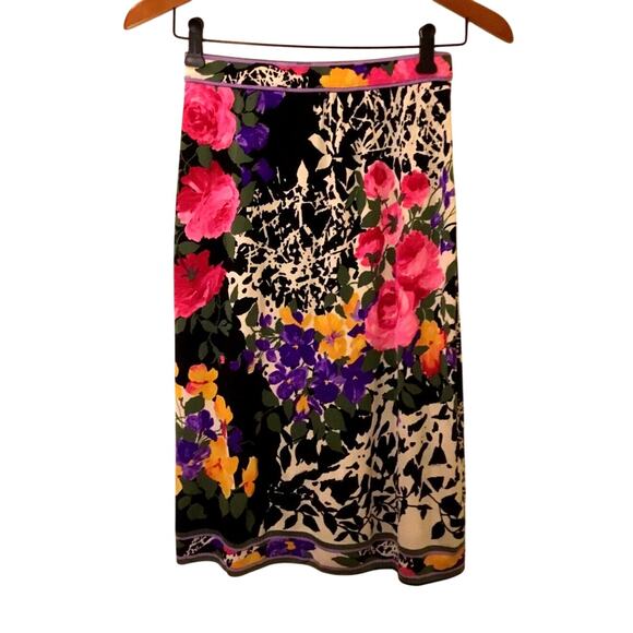 Vintage 1980’s Leonard studio silk jersey black multi floral knee length Skirt - Picture 1 of 8